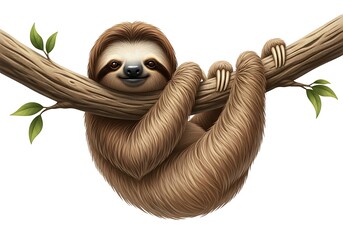 Fototapeta premium Sloth hanging from a tree branch isolated on white background