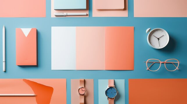 Flat lay of stationery, watches, glasses, and alarm clock on a pastel background.