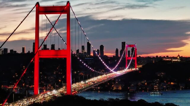 4K drone video of a breathtaking city view, the Bosphorus, and the Fatih Sultan Mehmet Bridge in Istanbul, Turkiye.