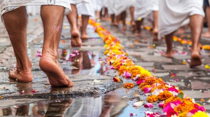 Obraz premium A colorful spiritual procession barefoot devotees walking on petal laden streets in celebration