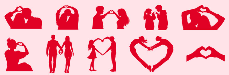 Red silhouette set of couples making heart shapes with hands and bodies, romantic Valentine poses with heart gesture