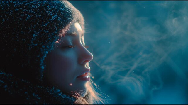 Winter Serenity: A young woman, wrapped in warm attire, experiences the crisp, cold air. Vapor rising from her breath.