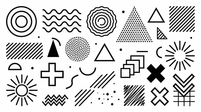 Collection of various black geometric Memphis style shapes and abstract linear elements isolated on white background, symbolizing creative graphic design assets or modern pattern composition