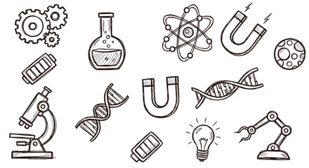 Obraz premium Collection of scientific and technological icons representing innovation research discovery and development in a doodle sketch style