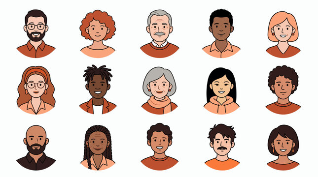 Collection of diverse cartoon avatars and user profile icons featuring various ages and ethnicities in flat vector style, symbolizing social community and inclusive team representation