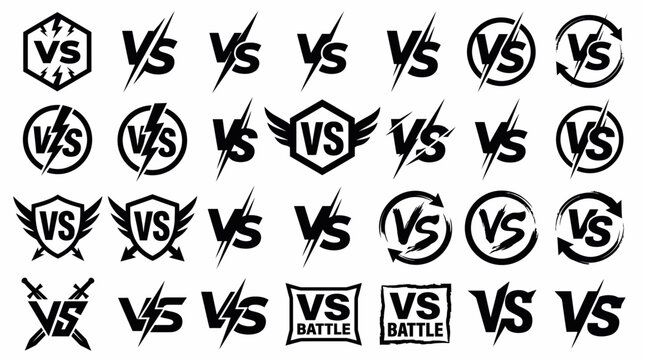 Set of black and white VS versus battle logos icons with lightning strikes shields and wings in flat design style, symbolizing competitive sports matches or gaming tournament branding