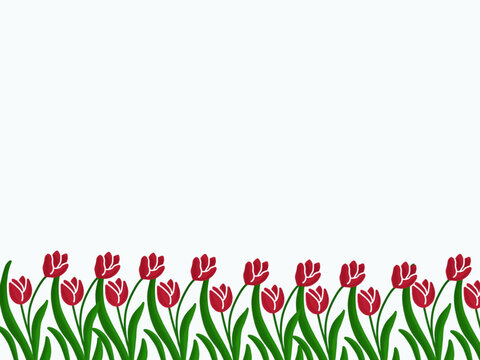 Aesthetic white background with tulip decoration on the lower side. Design for greeting cards, backgrounds, invitations, and journals.
