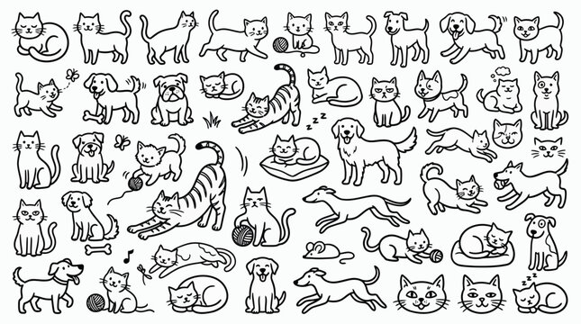 Large collection of cute hand drawn cat and dog doodles in various poses including sitting sleeping and playing, symbolizing pet care marketing or domestic animal companionship