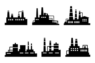 Set of 6 industrial factory buildings vector icons isolated PNG with Transparent Background
