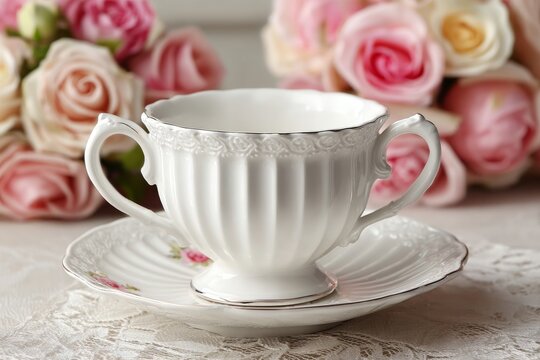 A refined tea scene with a white cup and saucer placed beside gentle pink roses on a lace tablecloth, perfect for a peaceful interlude