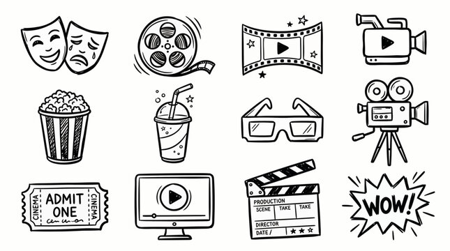 Set of hand drawn cinema icons featuring movie reel popcorn camera clapperboard and 3d glasses on white background, symbolizing film industry promotion or movie theater branding