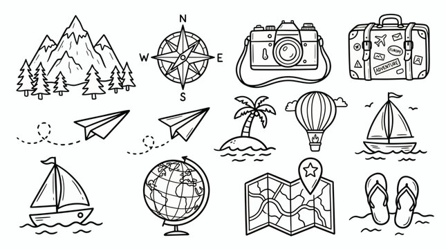 Collection of hand-drawn travel icons featuring mountains, compass, camera, suitcase, paper plane, globe, map and sailboats on white background, symbolizing vacation planning and adventure exploration