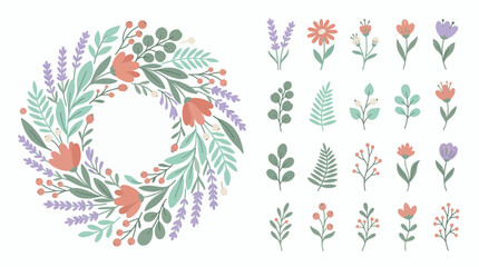 Hand drawn floral wreath and botanical elements set with pastel flowers and green leaves on white background, symbolizing wedding invitations and spring greeting cards