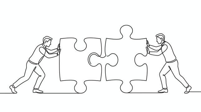 Continuous line art of two businessmen pushing large puzzle pieces together on white background, symbolizing corporate teamwork and business integration