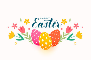 happy easter invitation background with patterned eggs and tulip flower