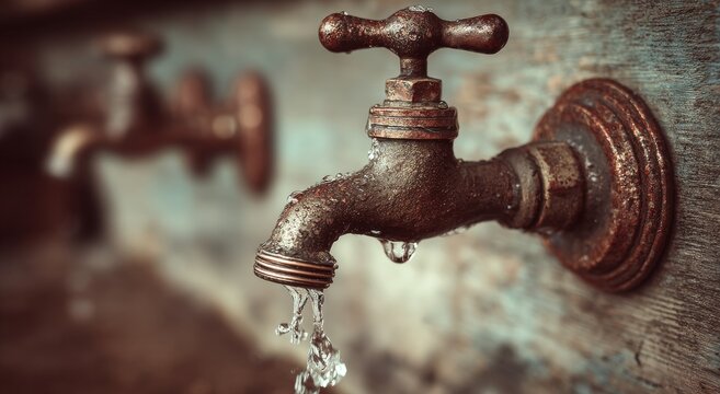 Rustic vintage faucet dripping water into an old kitchen sink