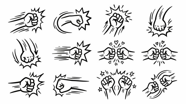 Collection of hand drawn doodle clenched fists punching and hitting with motion lines and impact effects on white background, symbolizing aggressive strength or competitive sports spirit