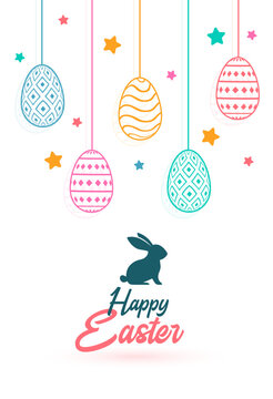 colorful hanging easter eggs poster with cute bunny silhouette