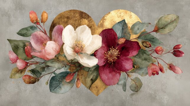 A graceful heart‑shaped flower pattern in beige and gold, highlighted by elaborate curls and subtle petals on a roughened surface