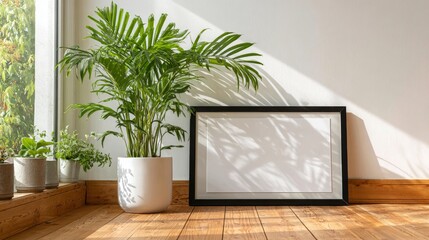 The modern minimalist interior includes a blank picture frame and a potted plant