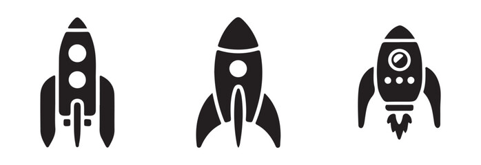 Three different graphic styles of black rocket icons depicting upward movement and space flight journey symbols © MST
