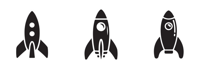Four different graphic presentations of black rocket ship icons suitable for startup concepts and fast progress symbols © MST