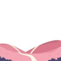 Pink hills with winding road and hearts