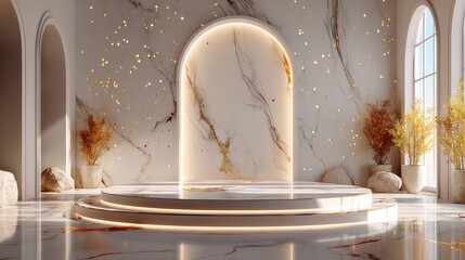 Elegant display podium illuminated by sparkling lights and set against a marble arch