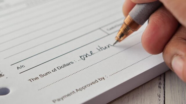 Hand writing sum of dollars on paper with pen motion
