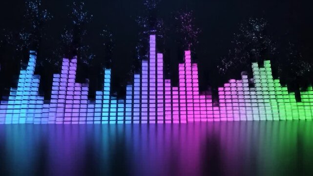 Vibrant digital o equalizer bars reflecting on a dark surface