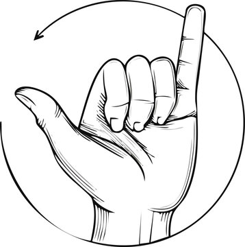 Clean line icon of right hand making -call me- gesture with thumb and pinky extended to ear,