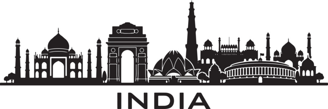 Stunning black silhouette of iconic Indian landmarks and monuments