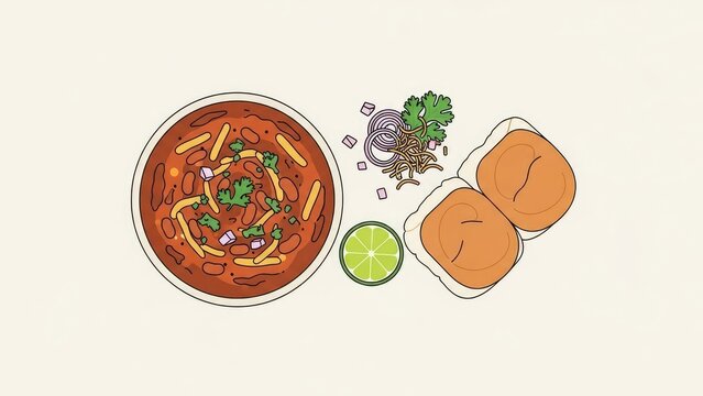 A vibrant, stylized top-down view of a traditional Indian Misal Pav dish, showcasing the spicy curry, garnishes, lime, and iconic bread rolls, perfect for culinary content.