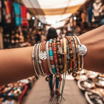 Detailed close-up of a woman's arm adorned with numerous bohemian-style bracelets, showcasing a vibrant marketplace setting and a sense of worldly travel.