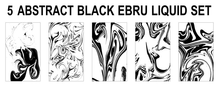 Monochrome marbled paper vector illustrations set. Black and white hand drawn backgrounds with liquid texture. Trendy ink brush paintings pack. Creative ebru stains swirl. Artistic surface blur