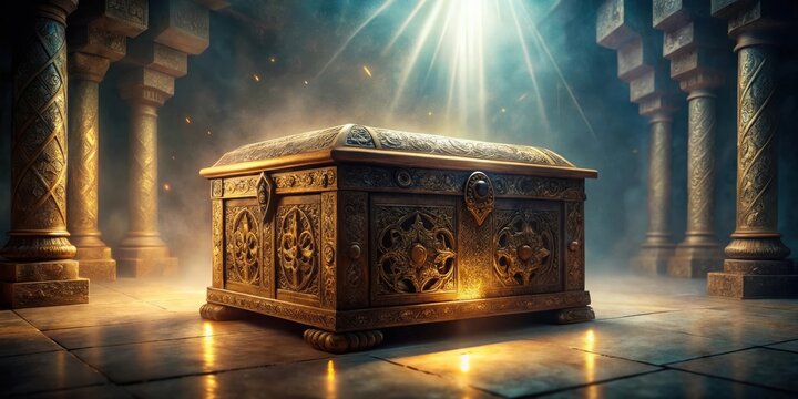 An ornate, antique chest rests within a dimly lit chamber, illuminated by a celestial ray, suggesting hidden treasure and ancient secrets within its gilded confines.