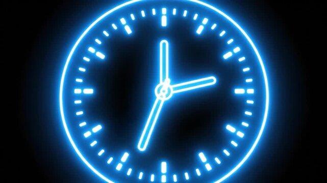 Bright blue neon clock face with moving hands against a dark background.