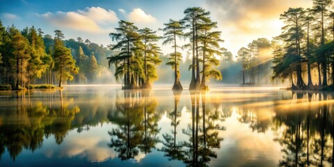 Obraz premium Serene Sunrise Over Still Water, Reflecting Majestic Trees in a Misty Dawn