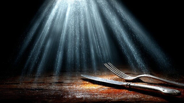 Elegant, ornate silverware set on a dark, textured surface with a glowing light effect