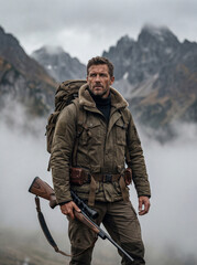 Hunter standing in mountainous landscape with rifle and backpack