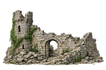 Obraz premium Ancient castle ruins historical stone fortress with medieval tower and crumbling archway, overgrown with green ivy, transparent background