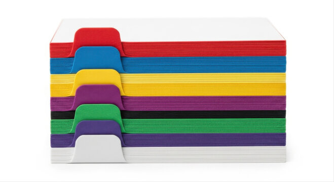 Colorful binder tabs stacked neatly and isolated on a white background, showcasing vibrant organization tools in a spectrum of colors