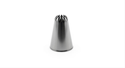 Metal frosting tip isolated on a clean white background, showcasing its star-shaped design for cake decoration