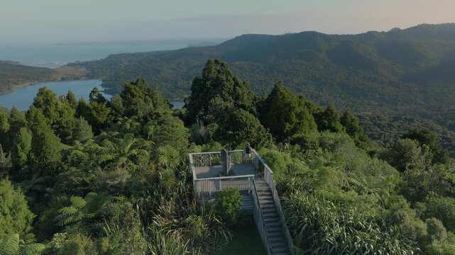 A tourist enjoys the view from a lookout point in the lush, green landscape of New Zealand. The wooden platform offers a stunning vista of the surrounding hills and water.