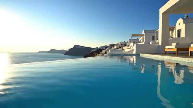Luxury Infinity Pool Overlooking Ornos Bay at Sunset in Mykonos