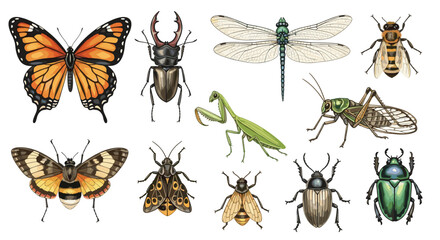 Obraz premium Collection of Diverse Insects Including Butterflies Beetles Dragonflies and Bees on a White Background