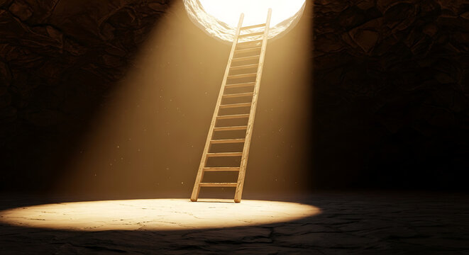 Ladder leading out of dark cave, symbolic of finding way out of difficult situation