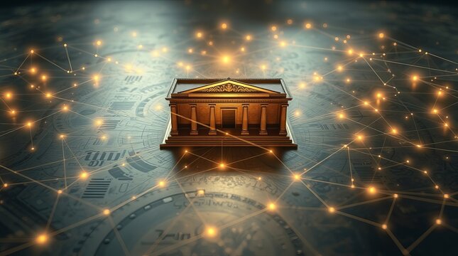 Bank building with glowing network connections representing financial technology and digital banking services online transactions and security