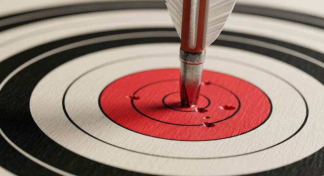 Single arrow precisely strikes red bullseye center of archery target demonstrating accuracy