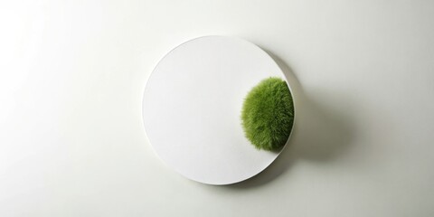 A minimalist composition featuring a small sphere of vibrant green vegetation delicately placed against a smooth, off-white circular surface, set against a subtly textured backdrop